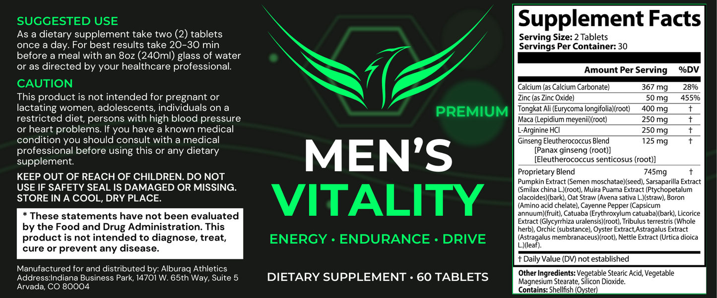 Men's Vitality | Natural Stamina & Energy Enhancement Formula | 60 Tablets with Tongkat Ali & Ginseng